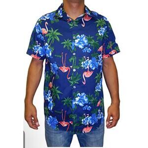 Sara Men's Hawaiian Aloha  Button Down Shirt  Made in USA XL Navy/Flamingo
